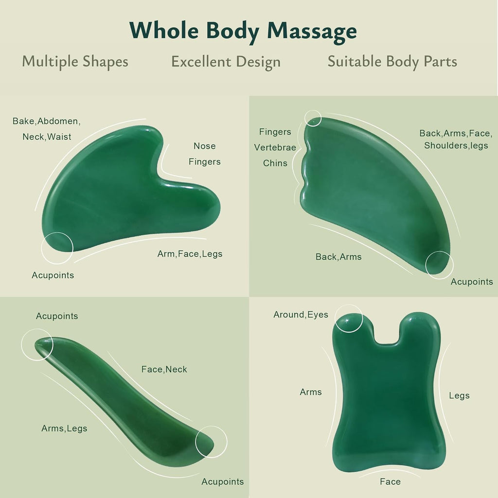 Guasha Massage Tool, 4 Pcs Gua Sha Facial Tool, Guasha Board for SPA Acupuncture Therapy Trigger Point Treatment, Gua Sha Scraping Massage Tool (Green)
